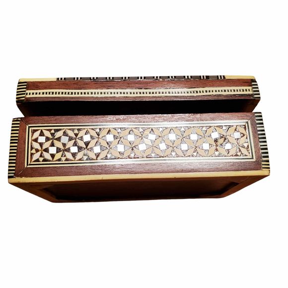 Vintage 1950s Handmade Pearl Bone Wood Inlaid Marquetry Jewelry Box - Picture 2 of 9